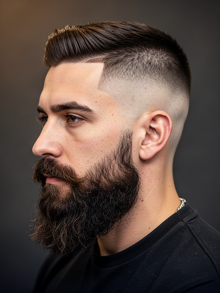 Sharp taper fade paired with a neatly shaped beard
